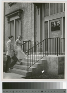 Unidentified students, entrance, School for American Craftsmen