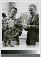 Student activities, Rochester Institute of Technology President Mark Ellingson welcoming Spirit the tiger, 1963