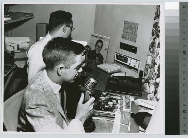 Students, Charles Murphey and Frank Lang in studio of W.I.T.R. radio station, Rochester Institute of Technology