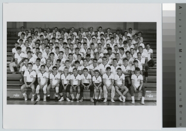Student activities, group portrait of the attendees of a Rochester Institute of Technology wrestling and coaching camp, [1960-1968]