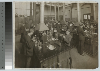 Academics, chemistry, Rochester Athenaeum and Mechanics Institute chemistry laboratory with students working on experiments, [1905-1915]
