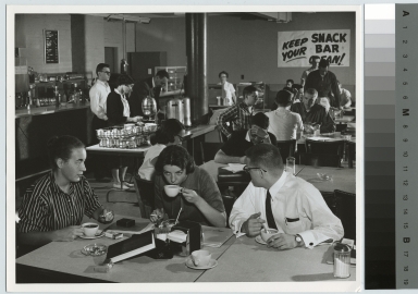 Students in snack bar in Eastman building, Rochester Institute of Technology, Downtown Campus, [1950-1959]