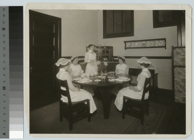 Home Economics students practicing serving skills, South Washington Street, Rochester Athenaeum and Mechanics Institute, [1914]