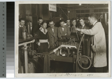 Students tuning an engine, School of Industrial Arts, Rochester Athenaeum and Mechanics Institute