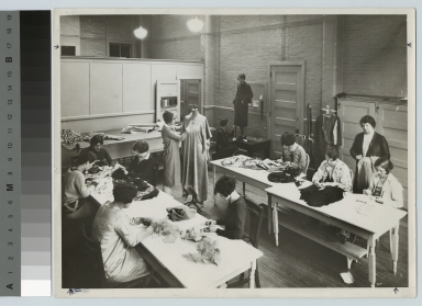 Students sew in clothing construction class, Retail Distribution Course, Rochester Athenaeum and Mechanics Institute