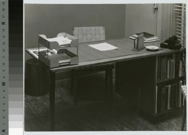 Wooden desk with bookcase and chair, School for American Craftsmen, Rochester Institute of Technology