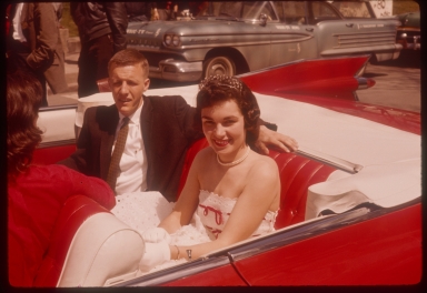 Spring Weekend parade, Spring Weekend queen in a red convertable automobile, Rochester Institute of Technology, 1959