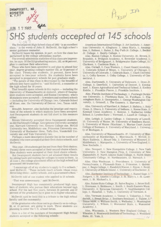 SHS students accepted at 145 schools