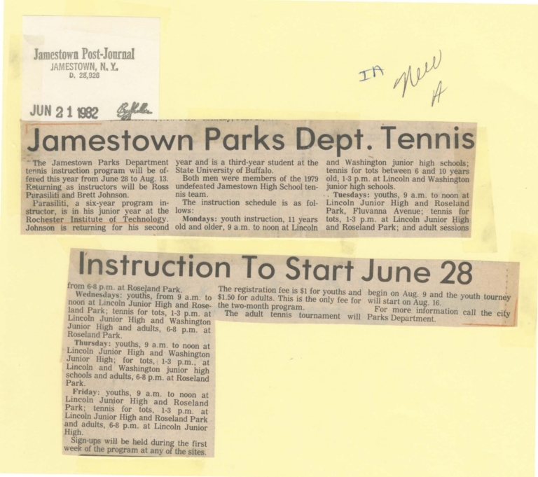Jamestown Parks Dept. tennis instruction to start June 28