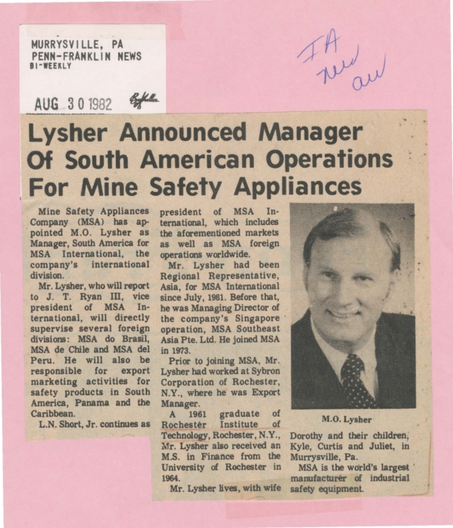 Lysher announced manager of South American operations for mine safety appliances