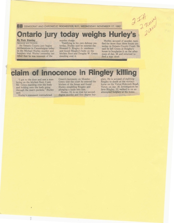 Ontario jury today weighs Hurley's claim of innocence in Ringley killing