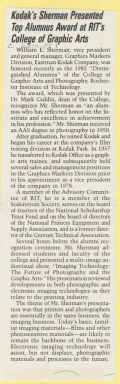 Kodak's Sherman presented top alumnus award at RIT's college of graphic arts