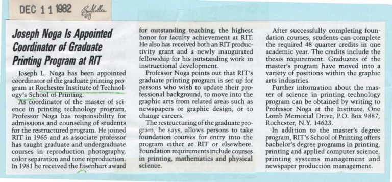 Joseph Noga is appointed coodinator of graduate printing program at RIT