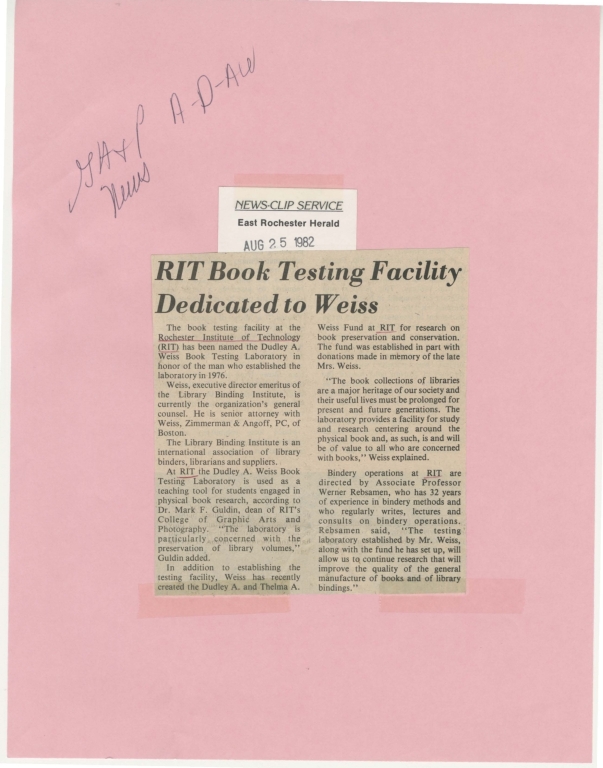 RIT book testing facility dedicated to Weiss