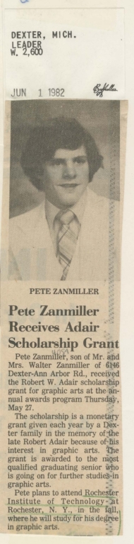 Pete Zanmiller receives Adair scholarship grant