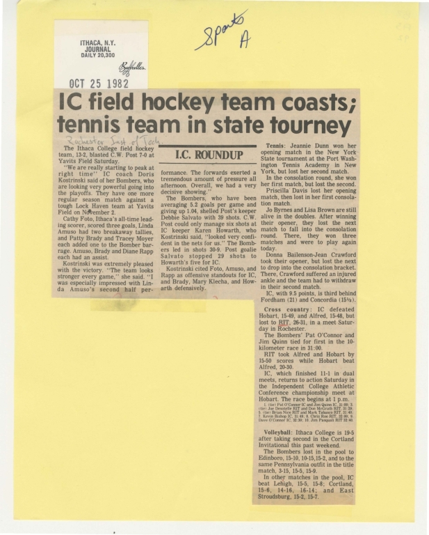 IC field hockey team coasts; tennis team in state touney