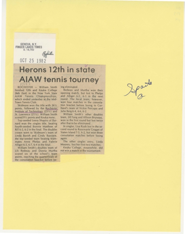 Herons 12th in state AIAW tennis tourney