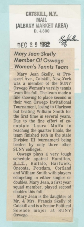 Mary Jean Skelly member of Oswego women's tennis team