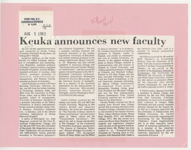 Keuka announces new faculty