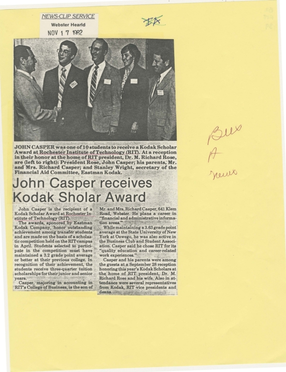 John Casper receives Kodak Sholar award
