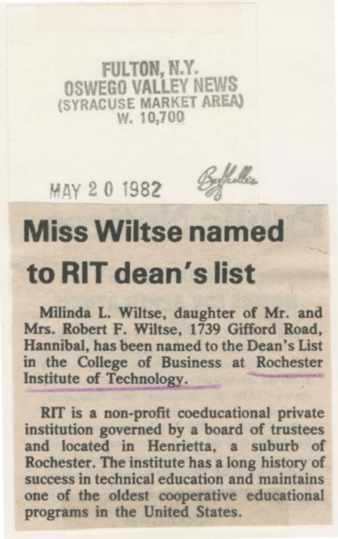 Miss Wiltse named to RIT dean's list