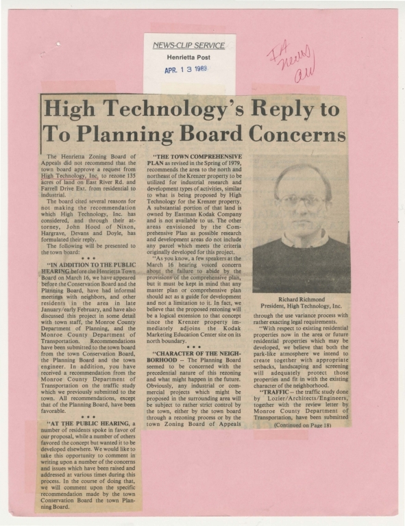 High Technology's reply to planning board concerns