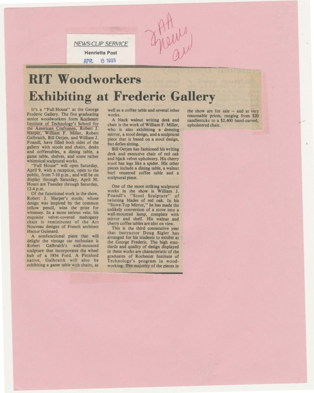 RIT woodworkers exhibiting at Frederic gallery