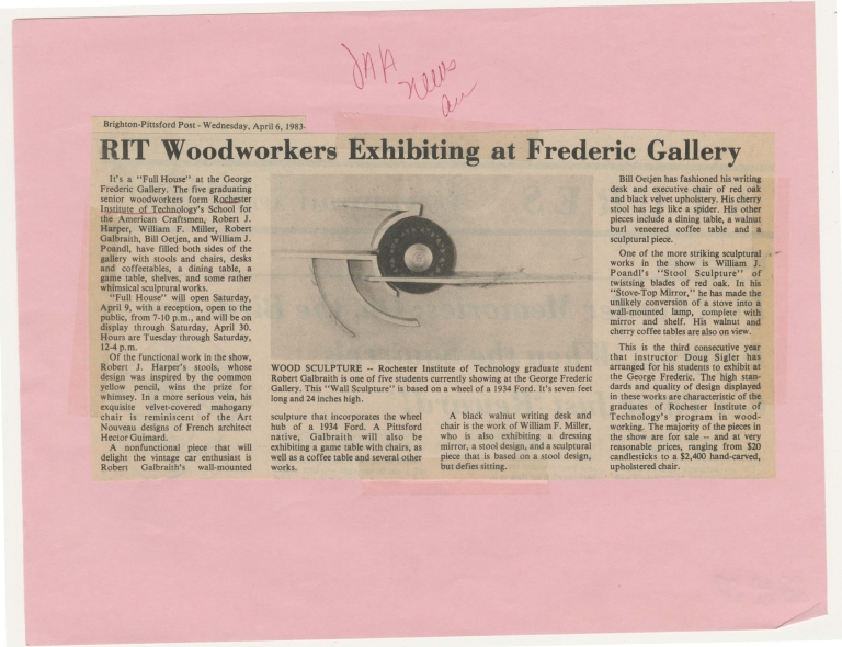 RIT woodworkers exhibiting at Frederic gallery