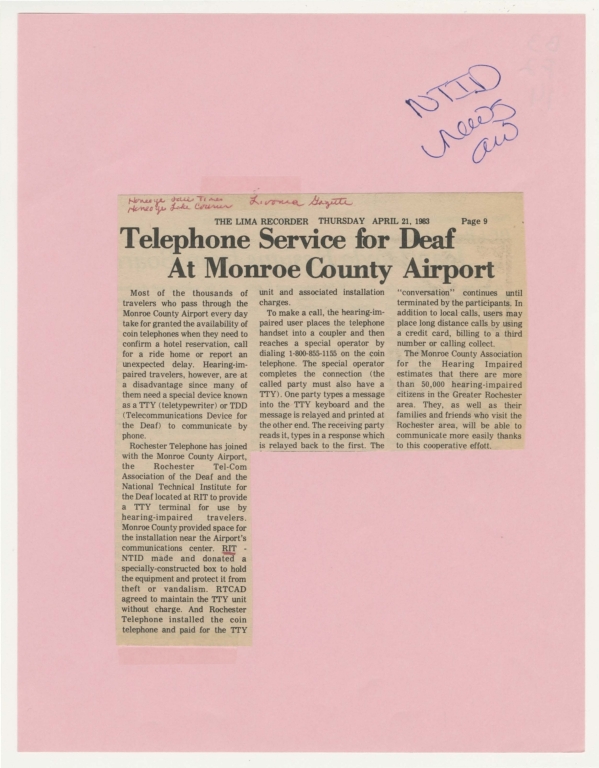 Telephone service for deaf at Monroe county airport
