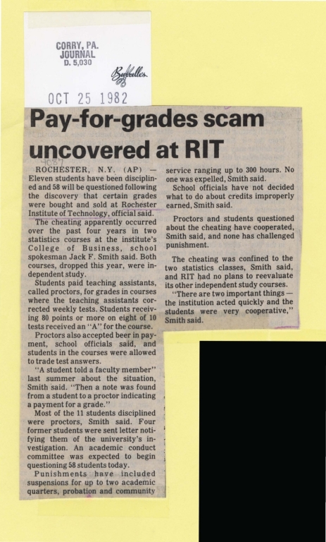 Pay-for-grades scam uncovered at RIT