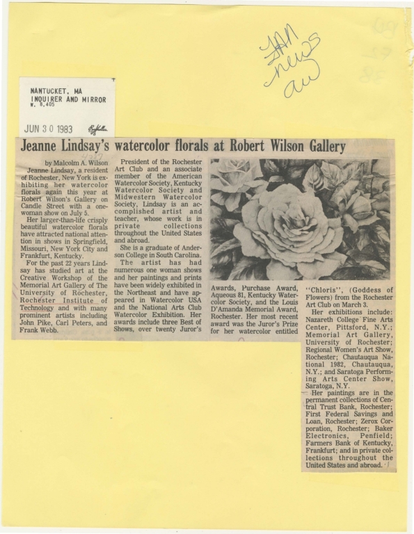 Jeanne Lindsay's watercolor florals at Robert Wilson Gallery