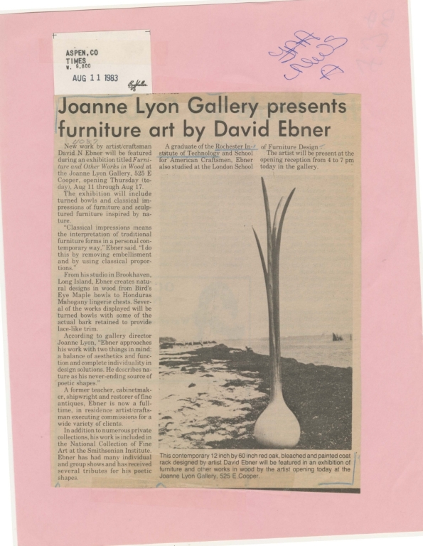 Joanne Lyon Gallery presents furniture art by David Ebner