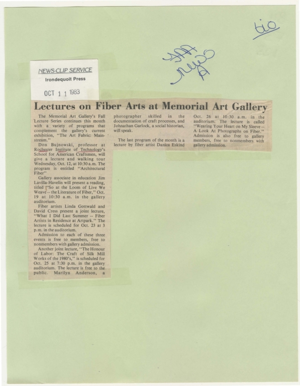 Lectures on fiber arts at Memorial Art Gallery