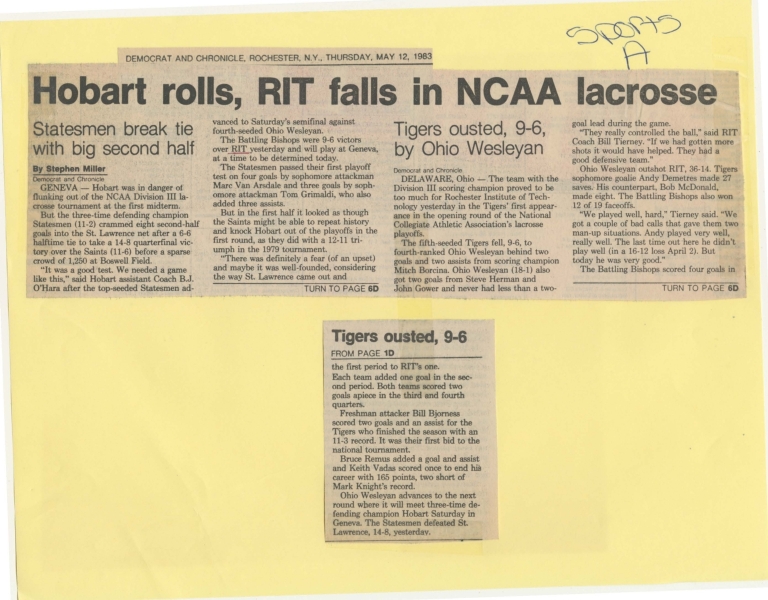 Hobart rolls, RIT falls in NCAA lacrosse