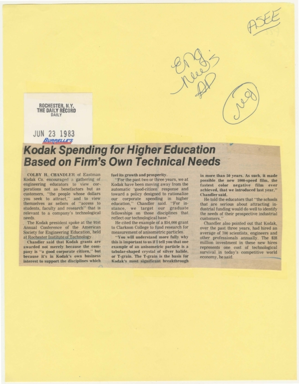 Kodak spending for higher education based on firm's own technical needs