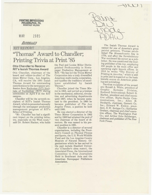 "Thomas" award to Chandler; printing trivia at print '85