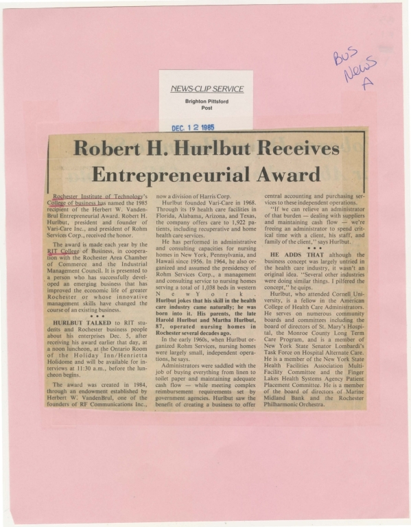 Robert H. Hurlbut receives Entrepreneural Award