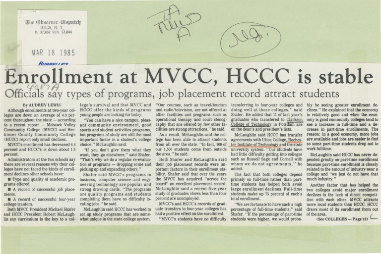 Enrollment at MVCC, HCCC is stable