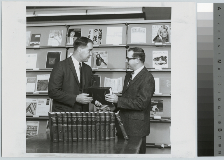 Congressman Barber Conable and Library Director Thomas Strader at downtown campus library, Rochester Institute of Technology
