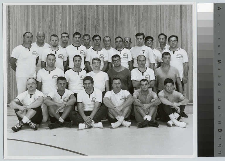 Student activities, group portrait of the Rochester Institute of Technology wrestling coaching camp with Earl Fuller, [1960-1968]