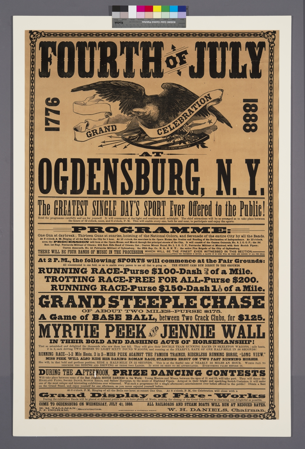 Fourth of July grand celebration at Ogdensburg, N.Y. : the greatest single day's sport ever offered to the public! ... Come to Ogdensburg on Wednesday July 4th, 1888