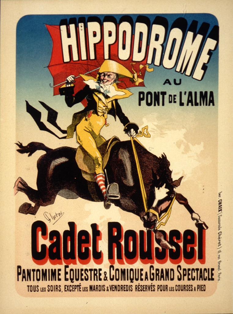 Hippodrome au Pont de L'Alma : Cadet Roussel,  pantomime equestre & comique a grand spectacle : tous les soirs, excepté les mardis & vendredis réservés pour les courses a pied