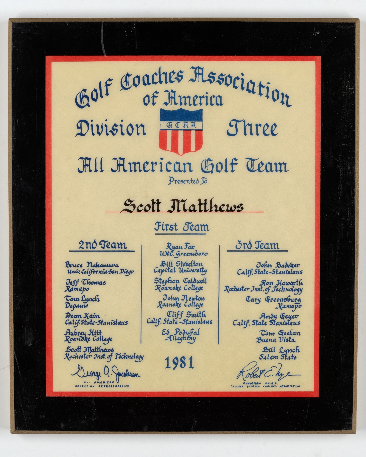 Golf Coaches of America All-American Golf Team plaque
