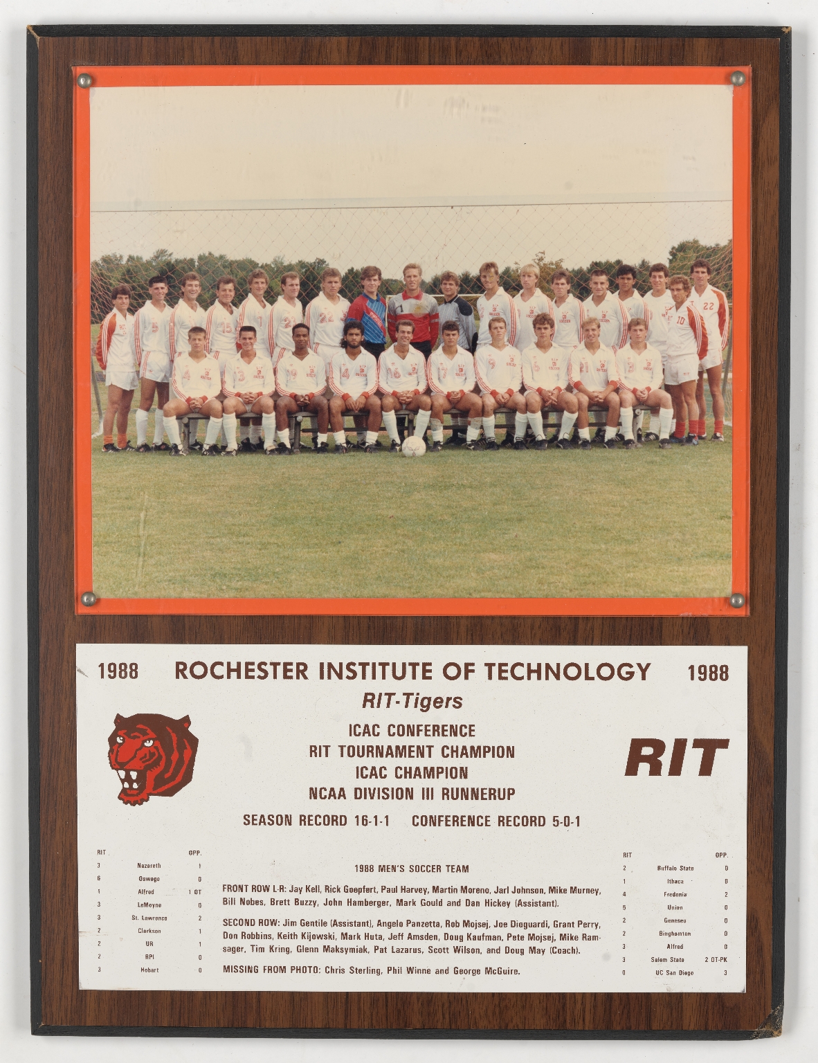 RIT 1988 ICAC mens soccer conference champions plaque