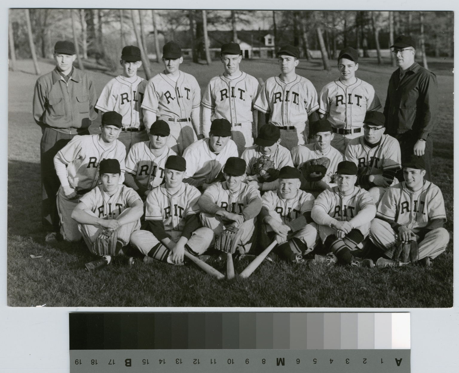 Student activities, Sports, group portrait of the Rochester Institute of Technology baseball team and coaches [1945-1960] [picture].