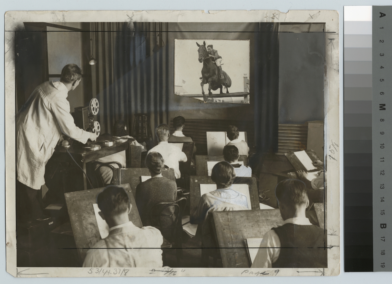 Academics, art and design, Rochester Athenaeum and Mechanics Institute drawing class sketching from a motion picture, Sept. 1930