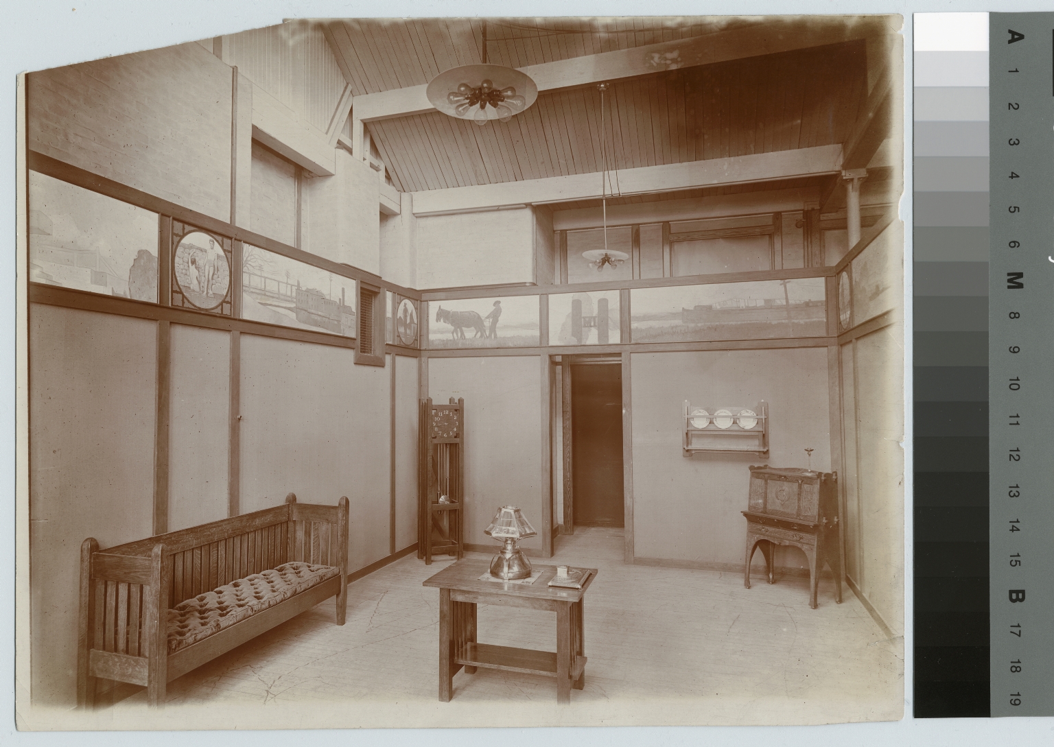 Academics, art and design, interior view of an exhibition of student work in the arts and crafts manner. [1900-1920]