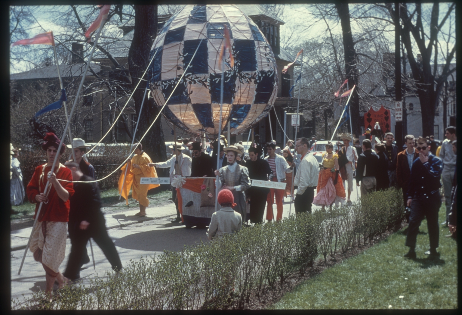 Spring weekend parade float in the theme of Spring Bookend," 1963 [slide]."