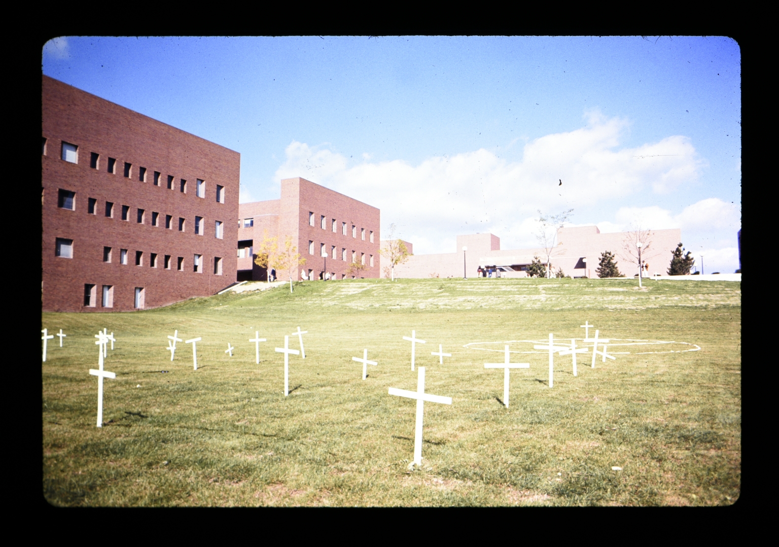 Makeshift graveyard set up on hill next to Wallace Library